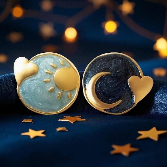 🆕️Minimalist Sun & Moon Enamel Earrings | 925 Silver Posts | Vintage Style 🌞🌙 - Picture 1 of 10